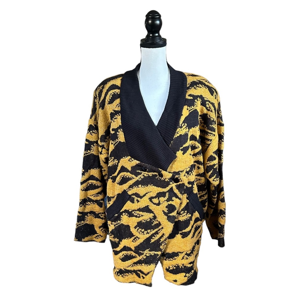 VTG 80s Metallic Gold Black Abstract Stripe Oversize Cardigan Goth Rock Japan OS